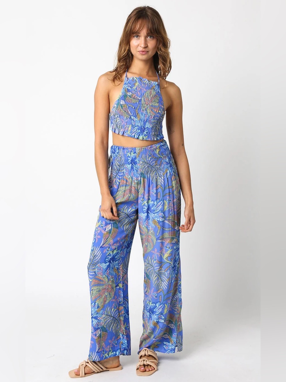 Boho Blue Tropical Print Wide-Leg Pants
